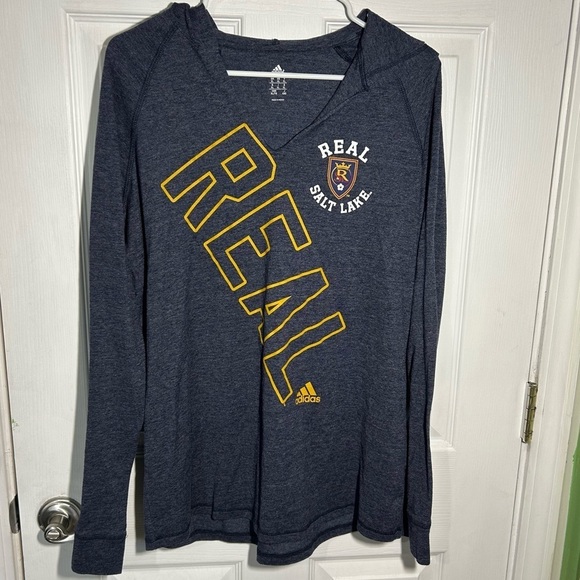 adidas Tops - Adidas Real Salt Lake Navy Hooded T-shirt V-Neck MLS Soccer Women’s XL